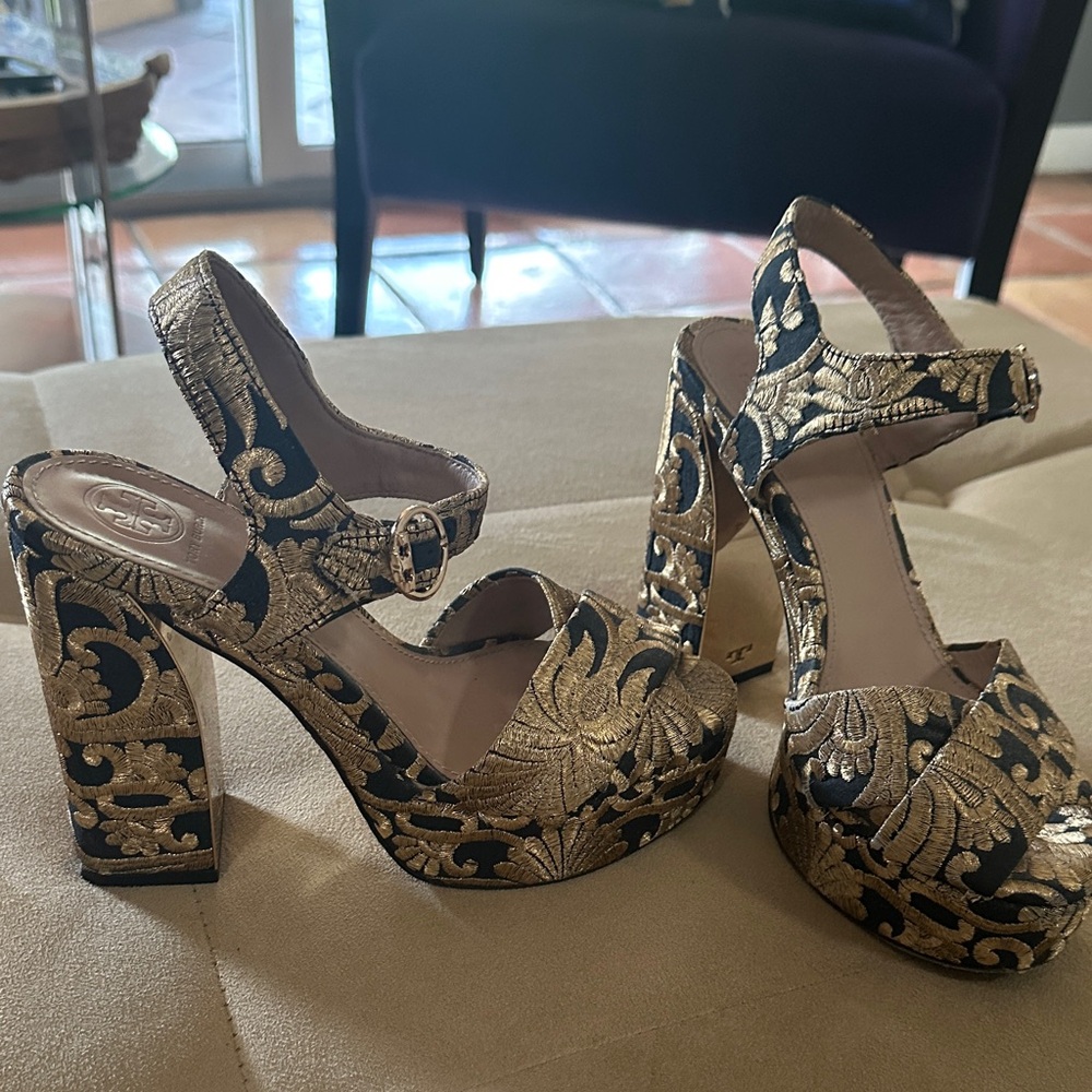 Tory Burch Black and Gold Loretta Platform Sandals